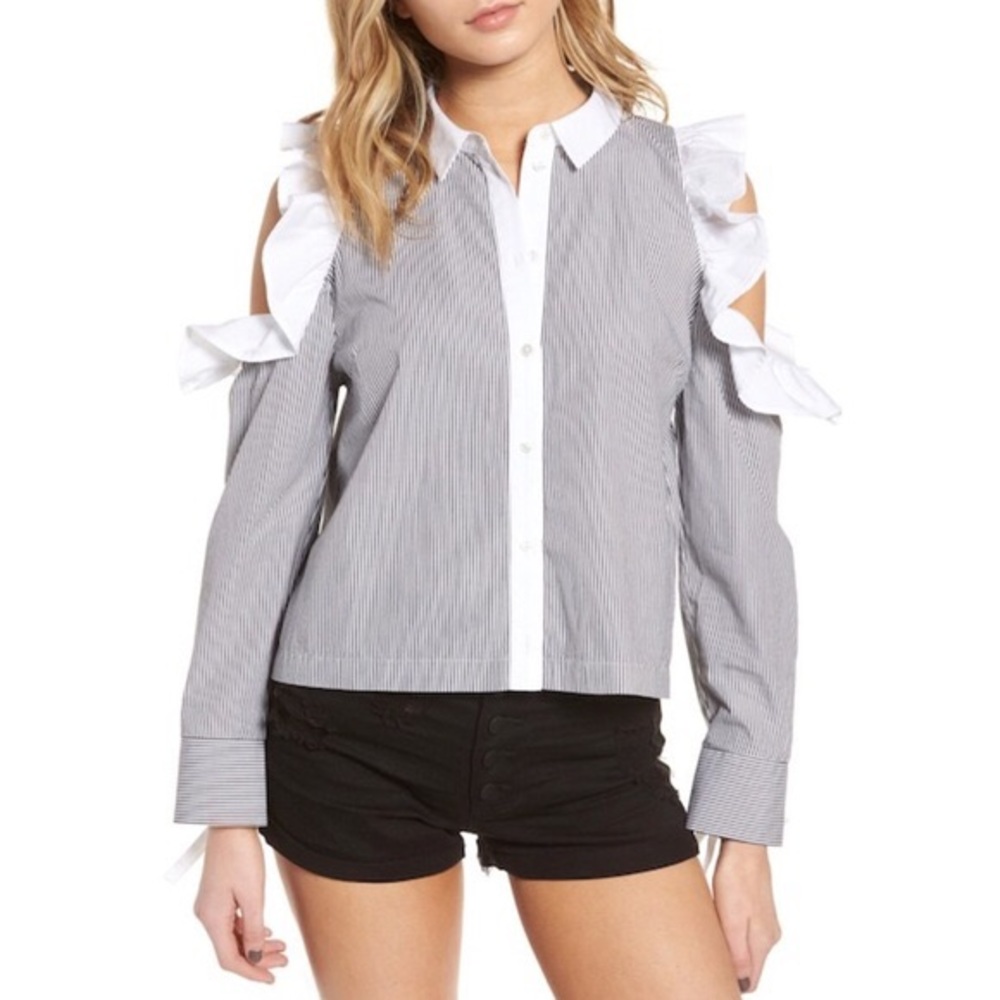 BP. Button Up Cold Shoulder Striped Top